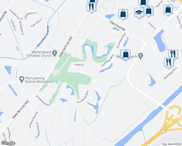 map of restaurants, bars, coffee shops, grocery stores, and more near 391 Vesta Drive in Myrtle Beach