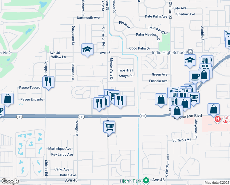 map of restaurants, bars, coffee shops, grocery stores, and more near 46618 Madison Street in Indio