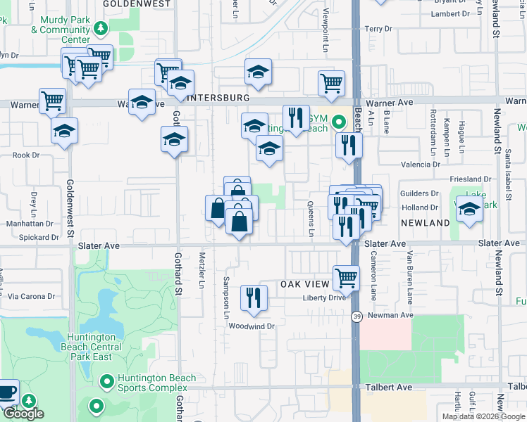 map of restaurants, bars, coffee shops, grocery stores, and more near 17422 Dairyview Circle in Huntington Beach