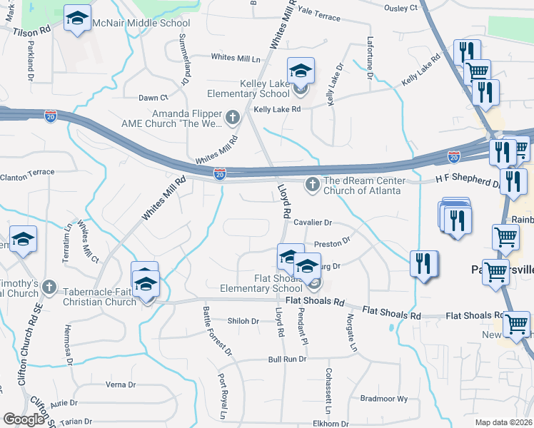 map of restaurants, bars, coffee shops, grocery stores, and more near 2378 Deep Shoals Circle in Decatur