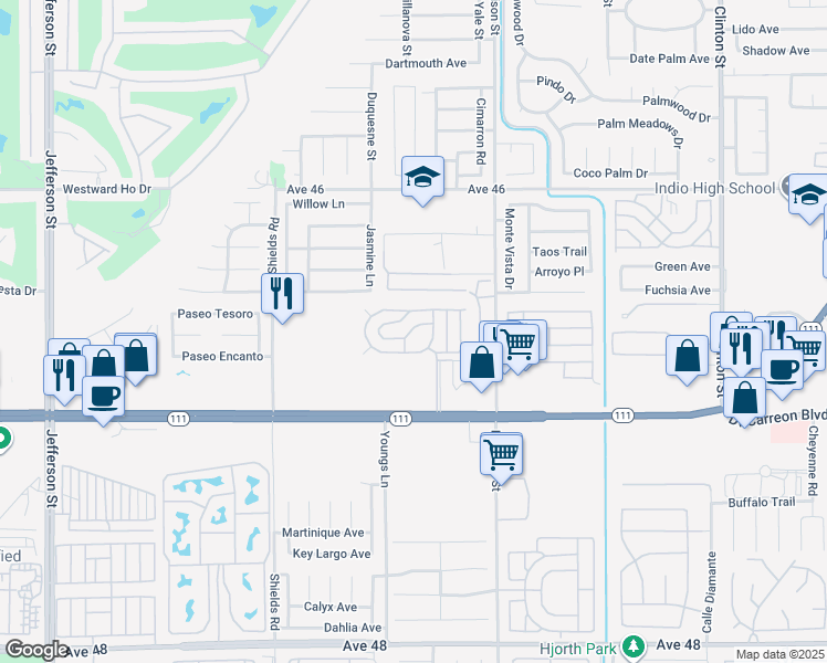 map of restaurants, bars, coffee shops, grocery stores, and more near 80870 California 111 in Indio