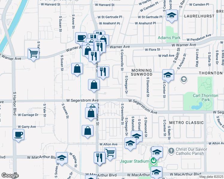 map of restaurants, bars, coffee shops, grocery stores, and more near 2821 South Fairview Street in Santa Ana