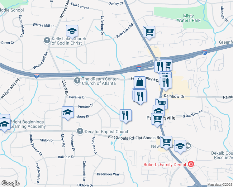 map of restaurants, bars, coffee shops, grocery stores, and more near 2744 Preston Drive in Decatur