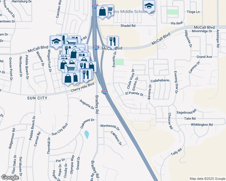 map of restaurants, bars, coffee shops, grocery stores, and more near 77-84 Encanto Drive in Menifee