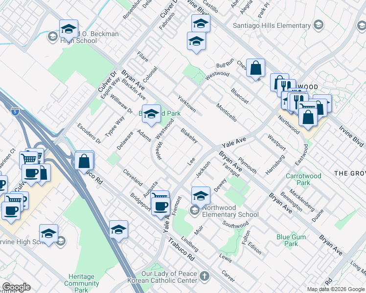 map of restaurants, bars, coffee shops, grocery stores, and more near 19 Davis in Irvine