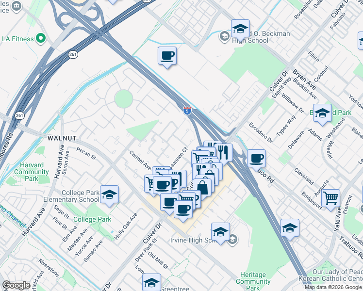 map of restaurants, bars, coffee shops, grocery stores, and more near 14181 Saarinen Court in Irvine