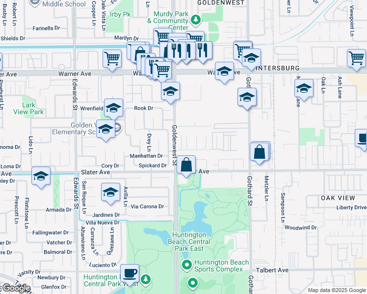 map of restaurants, bars, coffee shops, grocery stores, and more near 7002 Ford Drive in Huntington Beach