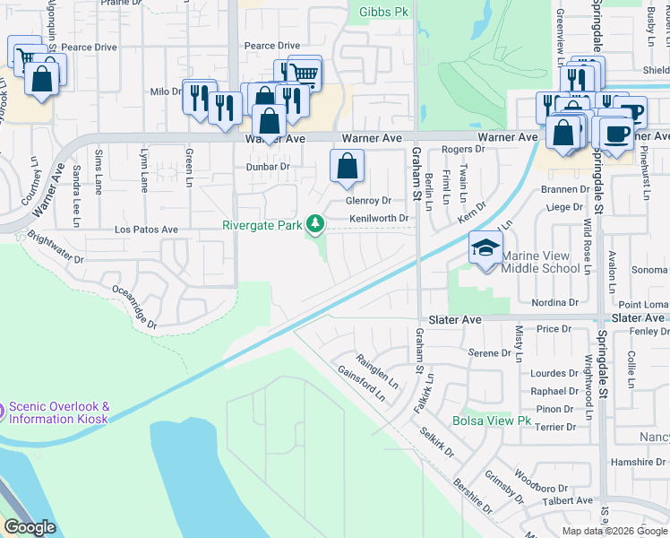 map of restaurants, bars, coffee shops, grocery stores, and more near 5292 Goldenrod Circle in Huntington Beach