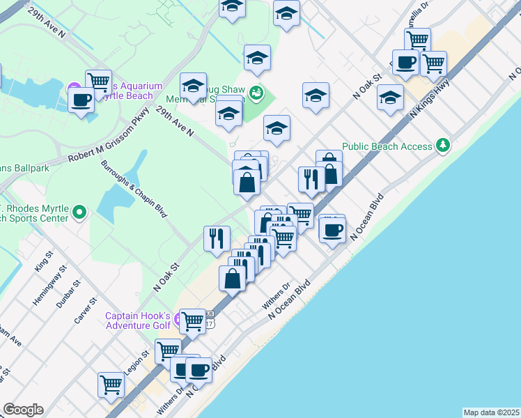 map of restaurants, bars, coffee shops, grocery stores, and more near 515 28th Avenue North in Myrtle Beach