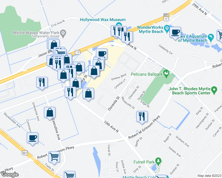 map of restaurants, bars, coffee shops, grocery stores, and more near 35 Foxcroft Lane in Myrtle Beach