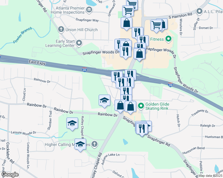 map of restaurants, bars, coffee shops, grocery stores, and more near 2381 Snapfinger Road in Decatur