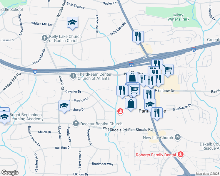 map of restaurants, bars, coffee shops, grocery stores, and more near 2744 Preston Drive in Decatur