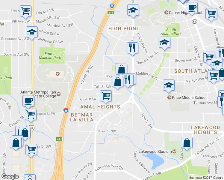 map of restaurants, bars, coffee shops, grocery stores, and more near 1651 Aiken Street Southwest in Atlanta