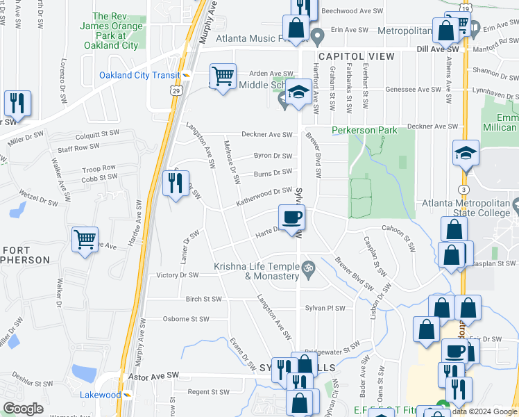 map of restaurants, bars, coffee shops, grocery stores, and more near 976 Woodbourne Drive Southwest in Atlanta