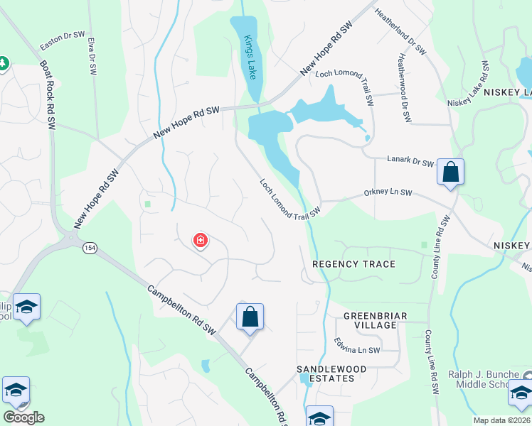 map of restaurants, bars, coffee shops, grocery stores, and more near 4865 Promenade Drive Southwest in Atlanta