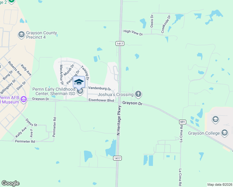 map of restaurants, bars, coffee shops, grocery stores, and more near 135 Eisenhower Boulevard in Denison