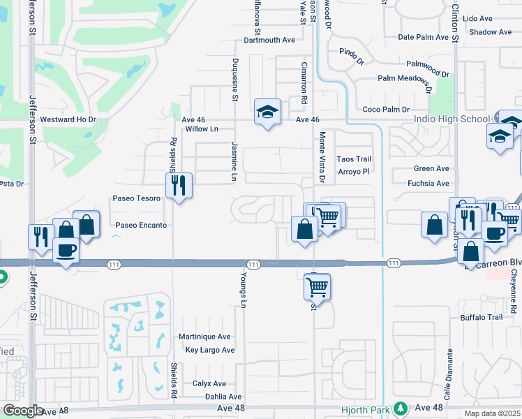map of restaurants, bars, coffee shops, grocery stores, and more near 80870 California 111 in Indio