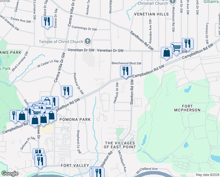 map of restaurants, bars, coffee shops, grocery stores, and more near 1830 Campbellton Road Southwest in Atlanta