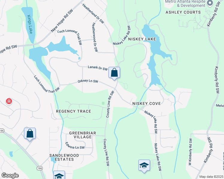 map of restaurants, bars, coffee shops, grocery stores, and more near 1640 County Line Road Southwest in Atlanta