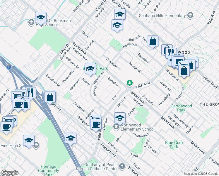 map of restaurants, bars, coffee shops, grocery stores, and more near 11 Wickland in Irvine