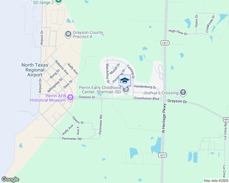 map of restaurants, bars, coffee shops, grocery stores, and more near 2 Pershing Drive in Denison