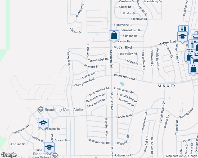 map of restaurants, bars, coffee shops, grocery stores, and more near 25891 Cherry Hills Boulevard in Menifee
