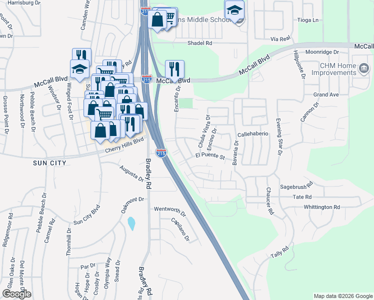 map of restaurants, bars, coffee shops, grocery stores, and more near 28275 Los Cielos Road in Menifee