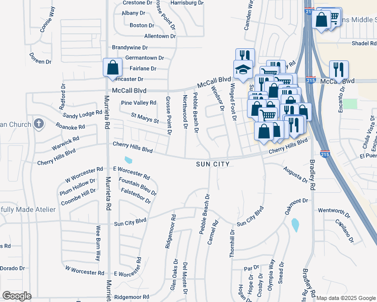 map of restaurants, bars, coffee shops, grocery stores, and more near 28290 Northwood Drive in Menifee