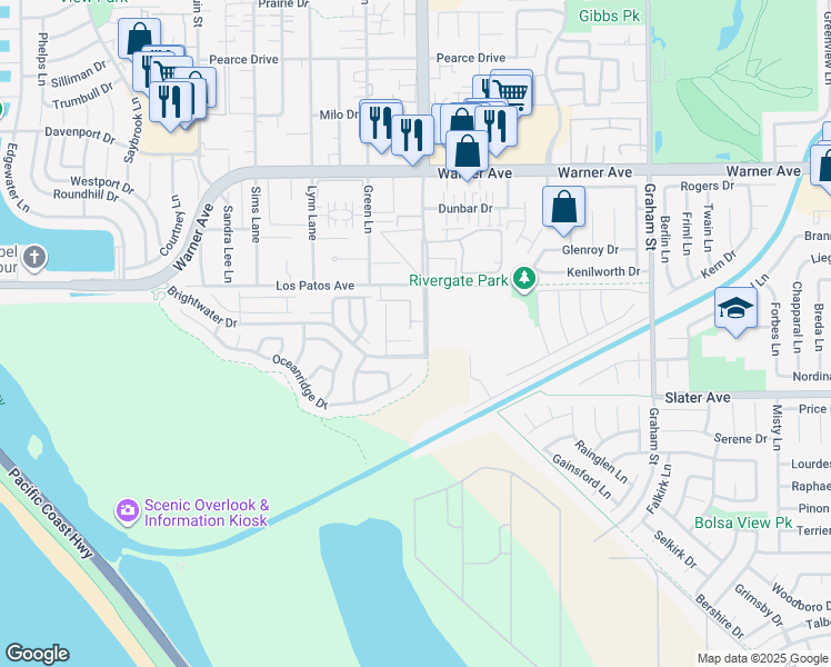 map of restaurants, bars, coffee shops, grocery stores, and more near 4961 Ashville Drive in Huntington Beach