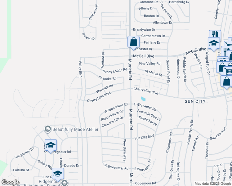 map of restaurants, bars, coffee shops, grocery stores, and more near 25891 Cherry Hills Boulevard in Menifee