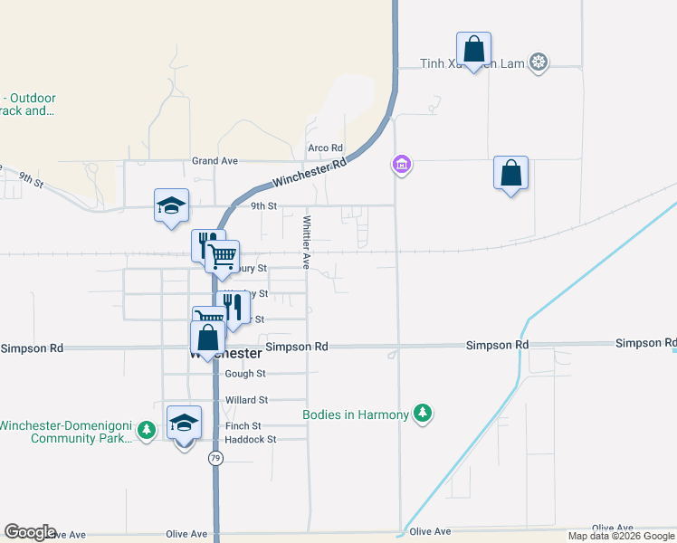 map of restaurants, bars, coffee shops, grocery stores, and more near 33390 Asbury Street in Winchester