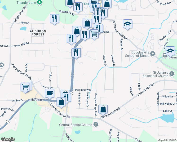 map of restaurants, bars, coffee shops, grocery stores, and more near 3553 Douglas Ridge Trail in Douglasville