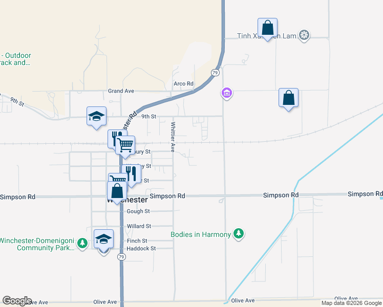 map of restaurants, bars, coffee shops, grocery stores, and more near 33390 Asbury Street in Winchester