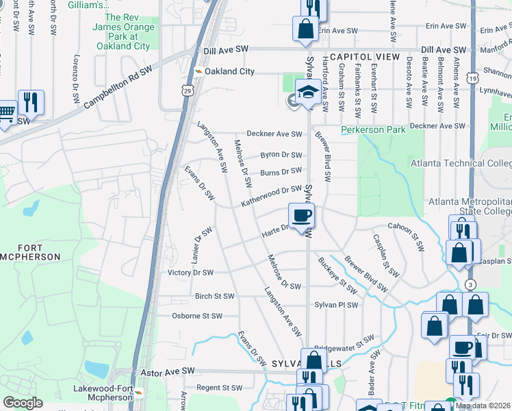 map of restaurants, bars, coffee shops, grocery stores, and more near 1665 Melrose Drive Southwest in Atlanta