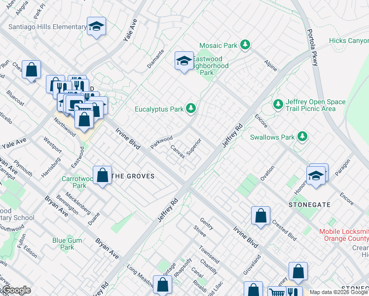map of restaurants, bars, coffee shops, grocery stores, and more near 159 Frazier in Irvine