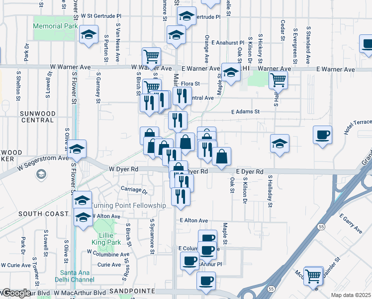 map of restaurants, bars, coffee shops, grocery stores, and more near 2628 Cypress Avenue in Santa Ana