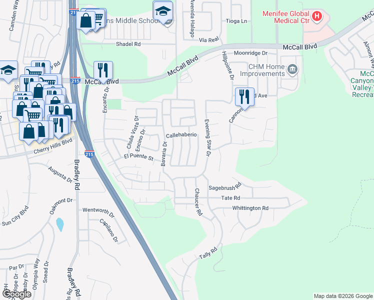map of restaurants, bars, coffee shops, grocery stores, and more near 28281 Vía Cascadita in Menifee