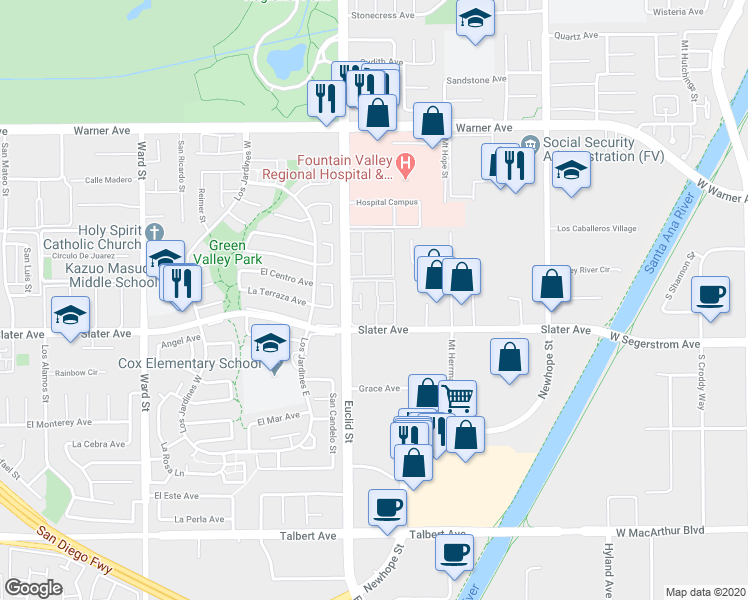 map of restaurants, bars, coffee shops, grocery stores, and more near 11071 La Naranja Court in Fountain Valley