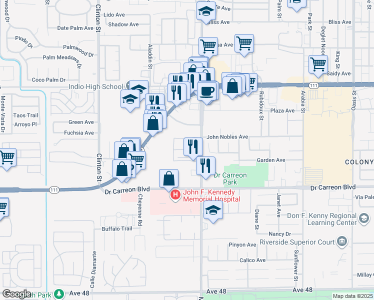 map of restaurants, bars, coffee shops, grocery stores, and more near 46745 Monroe Street in Indio
