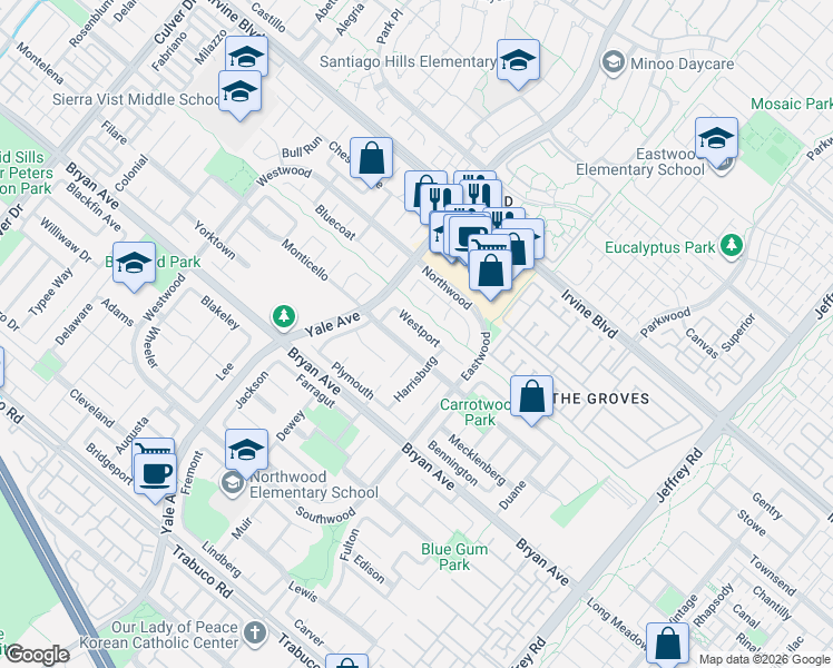 map of restaurants, bars, coffee shops, grocery stores, and more near 53 Monticello in Irvine