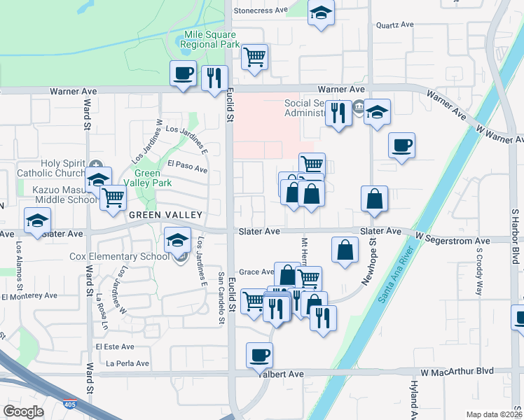 map of restaurants, bars, coffee shops, grocery stores, and more near 11161 Appalachian Street in Fountain Valley