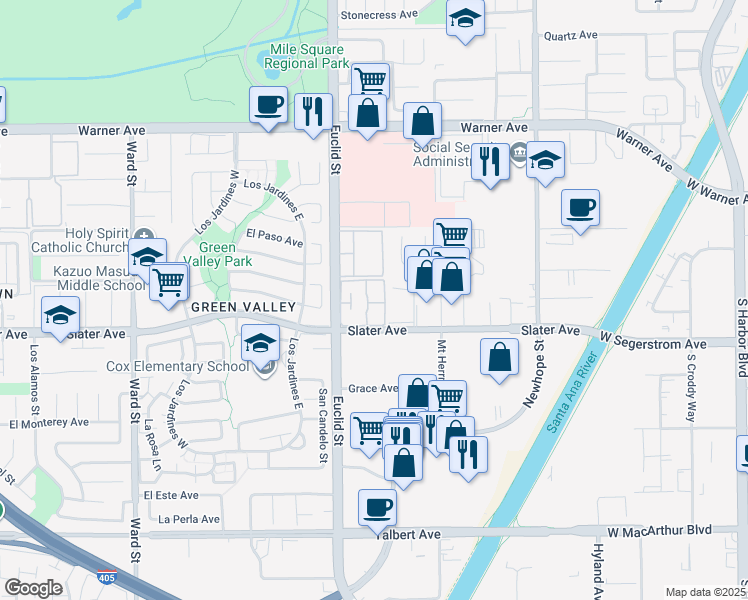 map of restaurants, bars, coffee shops, grocery stores, and more near 11067 Slater Avenue in Fountain Valley