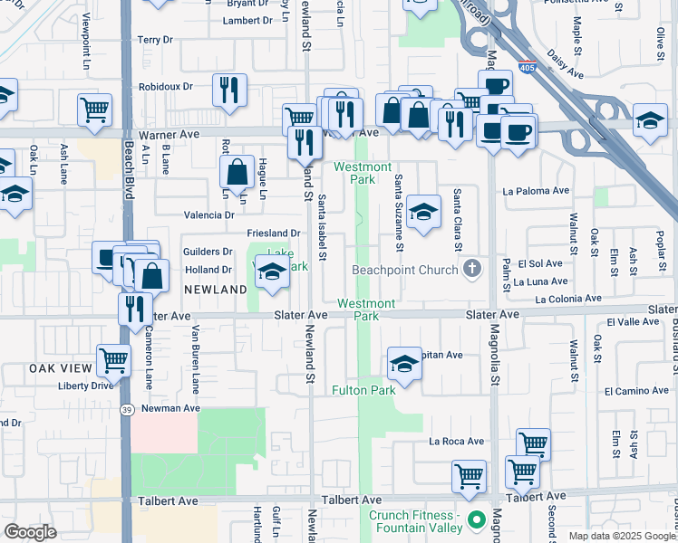 map of restaurants, bars, coffee shops, grocery stores, and more near 17428 Santa Isabel Street in Fountain Valley