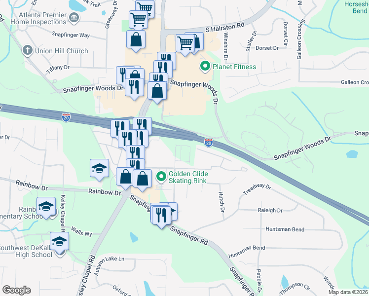 map of restaurants, bars, coffee shops, grocery stores, and more near 2636 Pleasant Wood Drive in Decatur