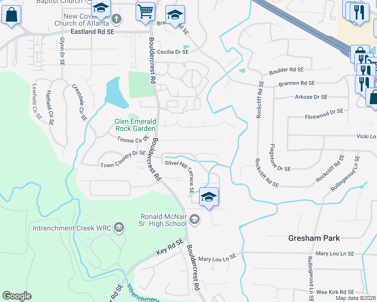 map of restaurants, bars, coffee shops, grocery stores, and more near 3109 Silver Hill Terrace Southeast in Atlanta