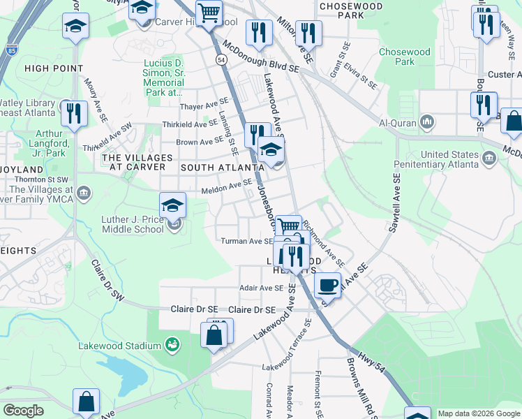 map of restaurants, bars, coffee shops, grocery stores, and more near 20 Bowen Avenue Southeast in Atlanta