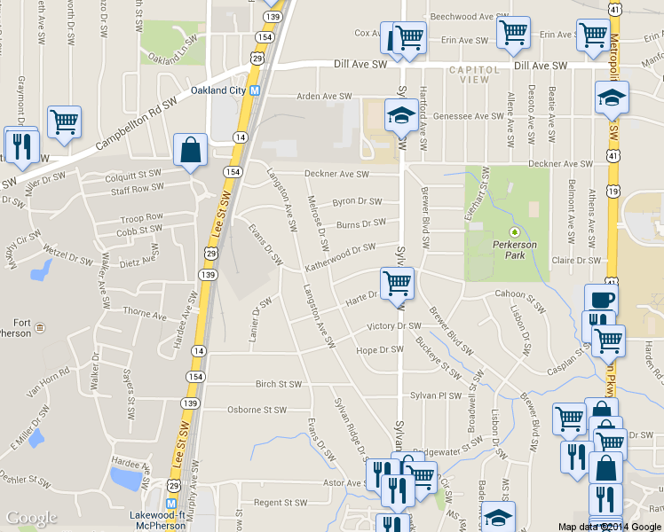 map of restaurants, bars, coffee shops, grocery stores, and more near 1665 Melrose Drive Southwest in Atlanta