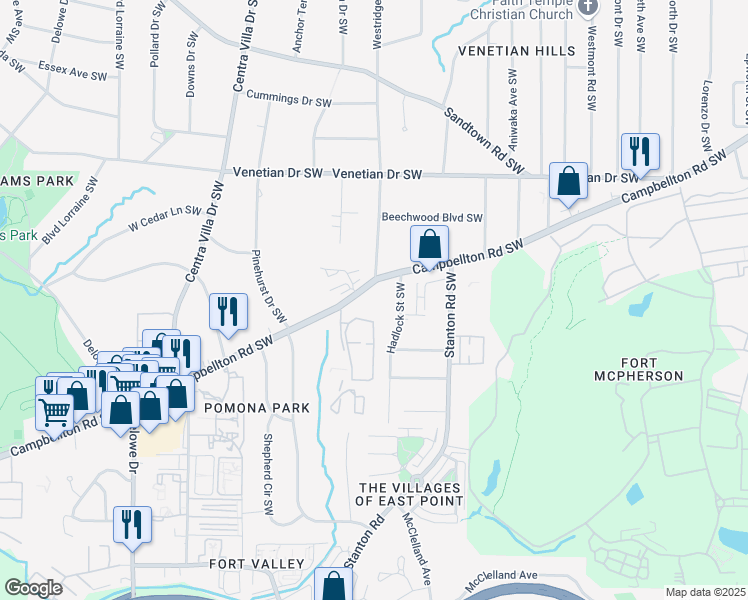 map of restaurants, bars, coffee shops, grocery stores, and more near 1830 Campbellton Road Southwest in Atlanta