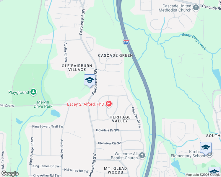 map of restaurants, bars, coffee shops, grocery stores, and more near 3499 Rolling Green Ridge Southwest in Atlanta