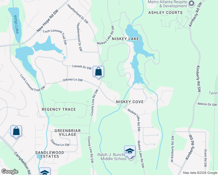 map of restaurants, bars, coffee shops, grocery stores, and more near 1674 Niskey Lake Road Southwest in Atlanta